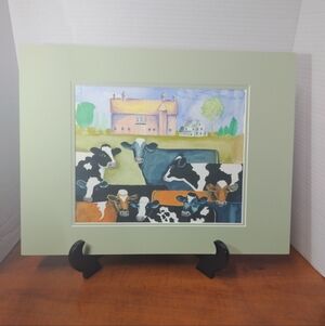 Matted "Eight Cows" Watercolor Print by Lowell Herrero. 8.5x10" in 16x12" Mat.